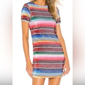 Striped Rainbow Multicolor Sequin Embellished Mini Sheath Dress XS